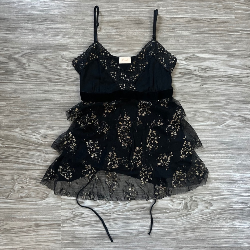 Lush Black Gold Metallic Lace Tiered Babydoll Camisole Top Small T2152